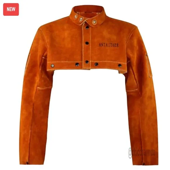 Leather Welding Jacket with Bib Apron, Heat Flame Resistant Work Coat